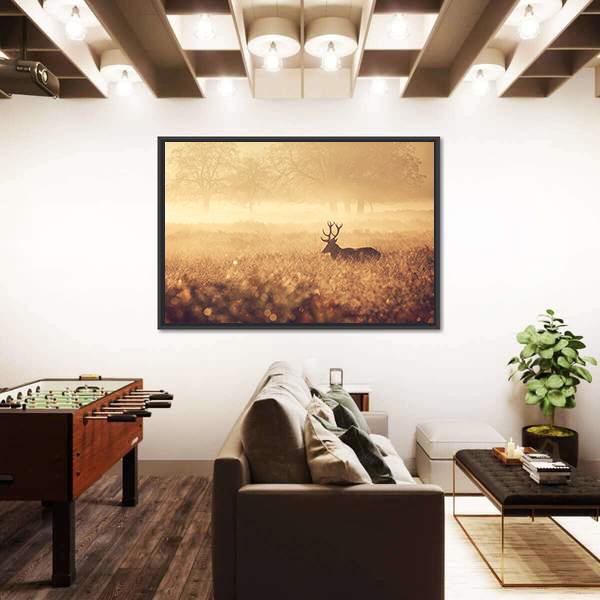 Red Deer Stag In Autumn Mist Canvas Wall Art-3 Horizontal-Gallery Wrap-25" x 16"-Tiaracle
