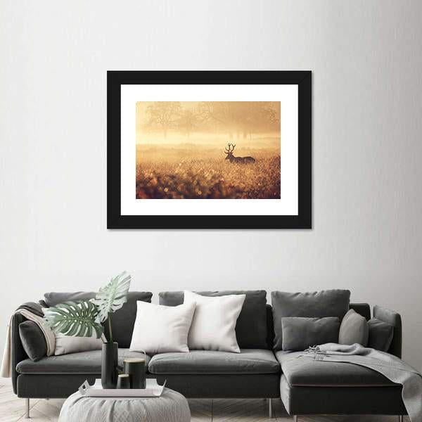 Red Deer Stag In Autumn Mist Canvas Wall Art-3 Horizontal-Gallery Wrap-25" x 16"-Tiaracle