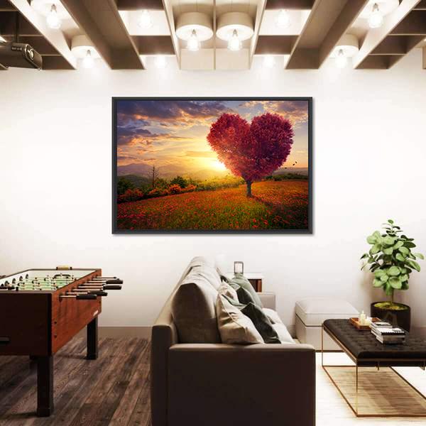 Red Heart Shaped Tree At Sunset Canvas Wall Art-5 Horizontal-Gallery Wrap-22" x 12"-Tiaracle