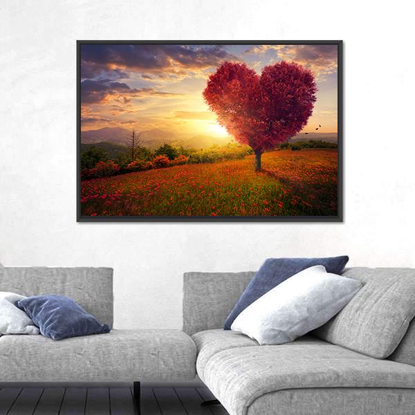 Red Heart Shaped Tree At Sunset Canvas Wall Art-5 Horizontal-Gallery Wrap-22" x 12"-Tiaracle