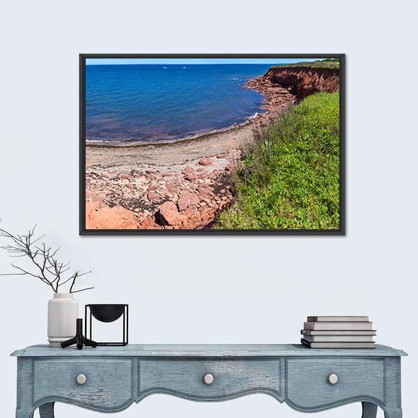 Red Rocks And Cliffs On Cavendish Beach In Edward Island Canvas Wall Art-1 Piece-Floating Frame-24" x 16"-Tiaracle