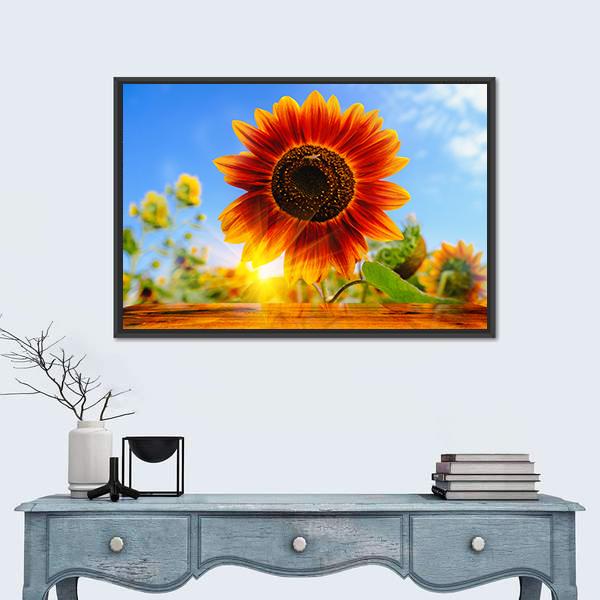Red Sunflowers Field With Sun Rise Flare Effect Canvas Wall Art-1 Piece-Floating Frame-24" x 16"-Tiaracle