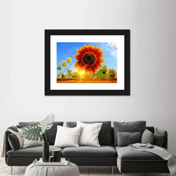 Red Sunflowers Field With Sun Rise Flare Effect Canvas Wall Art-3 Horizontal-Gallery Wrap-25" x 16"-Tiaracle