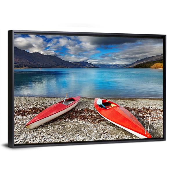 Red kayaks At The Lakeside Canvas Wall Art-5 Horizontal-Gallery Wrap-22" x 12"-Tiaracle