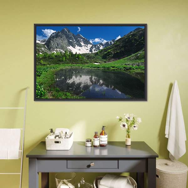 Reflection Of Snow Mountain Canvas Wall Art-1 Piece-Floating Frame-24" x 16"-Tiaracle