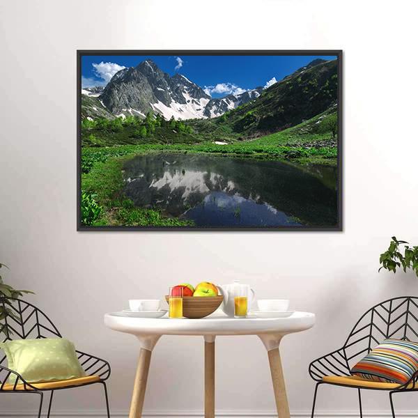 Reflection Of Snow Mountain Canvas Wall Art-5 Horizontal-Gallery Wrap-22" x 12"-Tiaracle