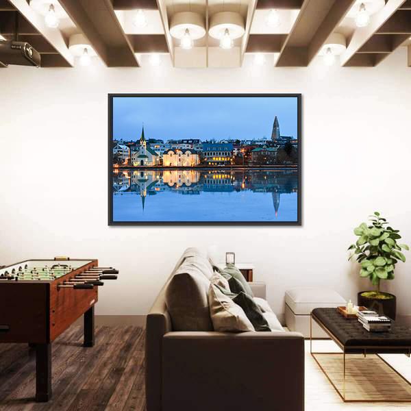 Reflection Of The Cityscape Of Reykjavik Canvas Wall Art-3 Horizontal-Gallery Wrap-25" x 16"-Tiaracle