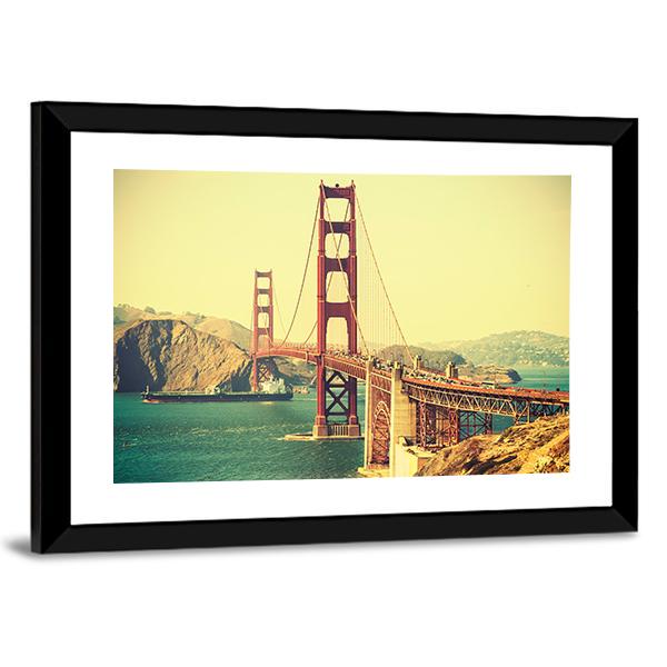 Retro Style Golden Gate Bridge Canvas Wall Art-5 Horizontal-Gallery Wrap-22" x 12"-Tiaracle