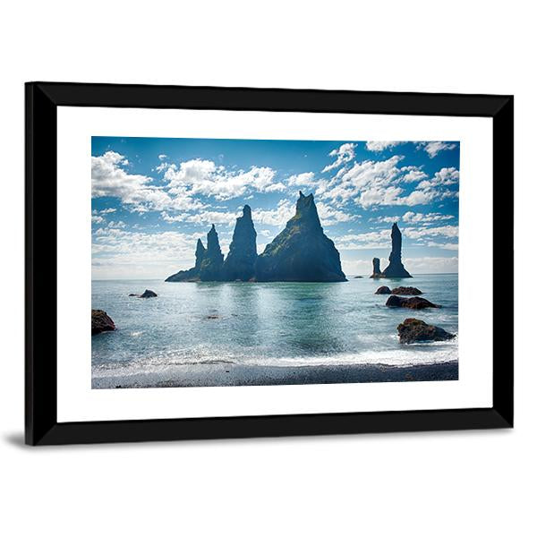Reynisdrangar Rock Formations in Iceland Canvas Wall Art-5 Horizontal-Gallery Wrap-22" x 12"-Tiaracle