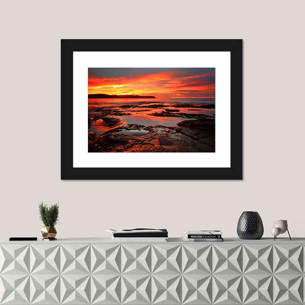 Rich Red Velvet Sunrise Over Pearl Beach Canvas Wall Art-1 Piece-Framed Print-42" x 14"-Tiaracle