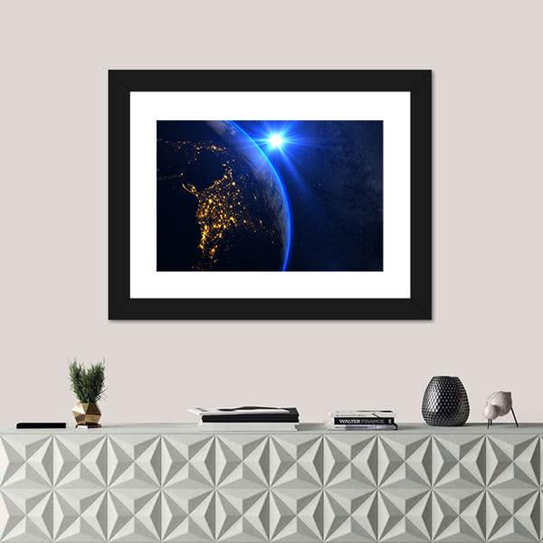 Rising Blue Sun On Planet Earth Canvas Wall Art-1 Piece-Framed Print-20" x 16"-Tiaracle