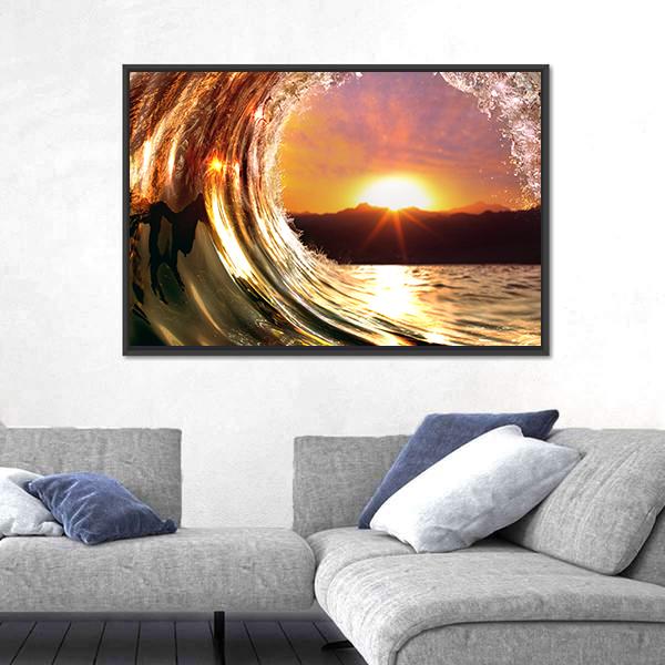 Rising Sun Ocean Wave Canvas Wall Art-1 Piece-Floating Frame-24" x 16"-Tiaracle