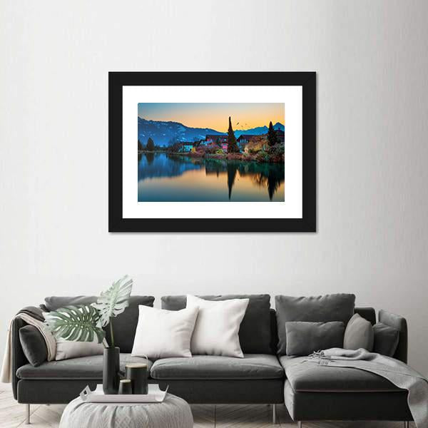 River And House To Interlaken Canvas Wall Art-3 Horizontal-Gallery Wrap-25" x 16"-Tiaracle