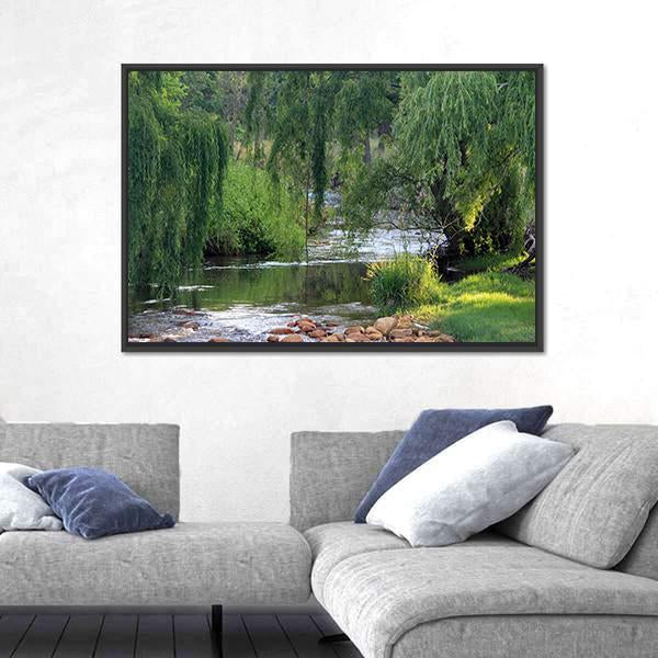 River Flowing Past Willow Trees Canvas Wall Art-1 Piece-Floating Frame-24" x 16"-Tiaracle