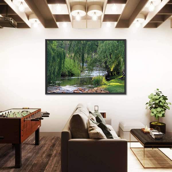 River Flowing Past Willow Trees Canvas Wall Art-3 Horizontal-Gallery Wrap-25" x 16"-Tiaracle