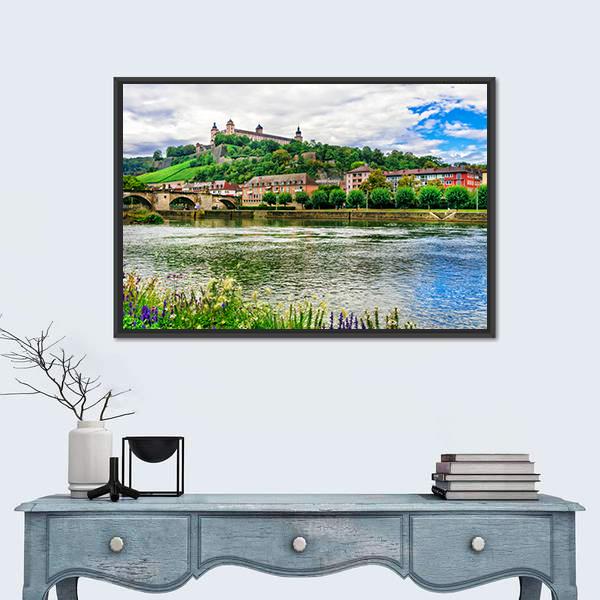 River Flows Near Wurzburg Town Germany Canvas Wall Art-1 Piece-Floating Frame-24" x 16"-Tiaracle