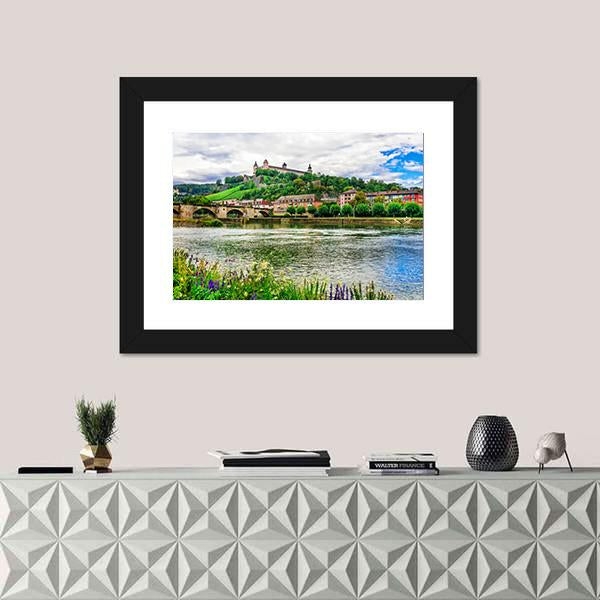 River Flows Near Wurzburg Town Germany Canvas Wall Art-1 Piece-Framed Print-20" x 16"-Tiaracle
