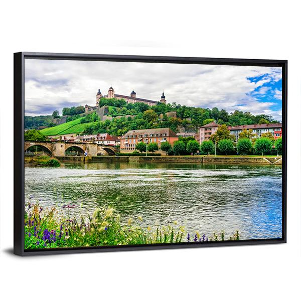 River Flows Near Wurzburg Town Germany Canvas Wall Art-3 Horizontal-Gallery Wrap-25" x 16"-Tiaracle