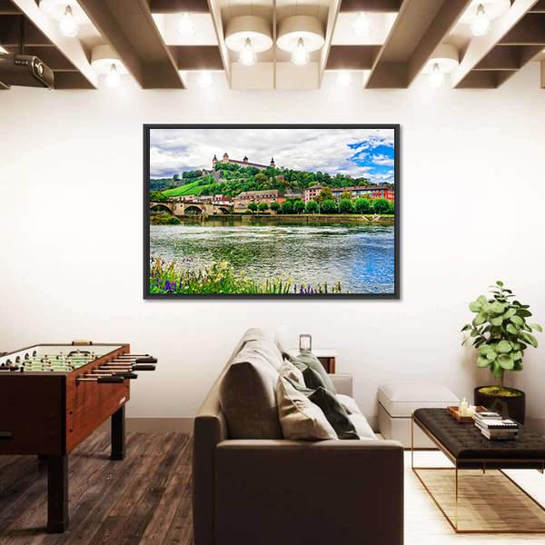 River Flows Near Wurzburg Town Germany Canvas Wall Art-3 Horizontal-Gallery Wrap-25" x 16"-Tiaracle