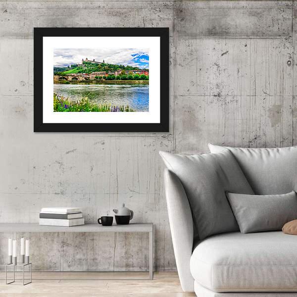 River Flows Near Wurzburg Town Germany Canvas Wall Art-3 Horizontal-Gallery Wrap-25" x 16"-Tiaracle