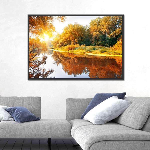 River In A Delightful Autumn Forest At Sunny Day Canvas Wall Art-3 Horizontal-Gallery Wrap-25" x 16"-Tiaracle