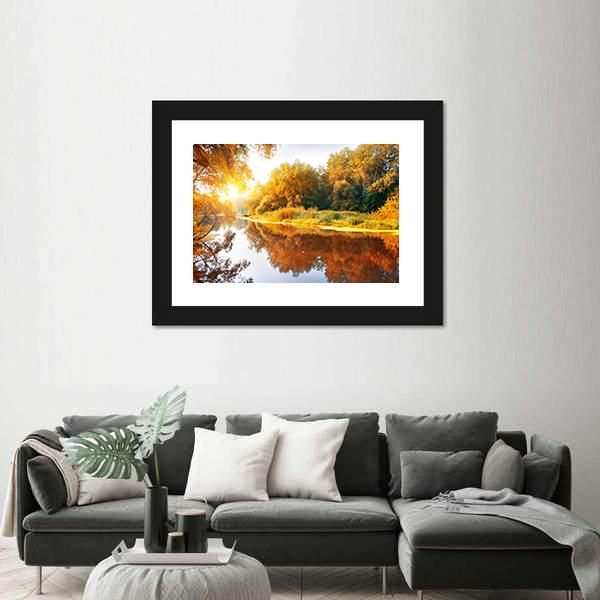 River In A Delightful Autumn Forest At Sunny Day Canvas Wall Art-3 Horizontal-Gallery Wrap-25" x 16"-Tiaracle