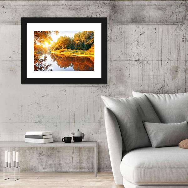 River In A Delightful Autumn Forest At Sunny Day Canvas Wall Art-3 Horizontal-Gallery Wrap-25" x 16"-Tiaracle