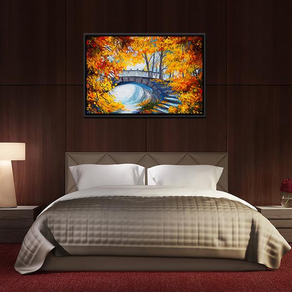 Road And Bridge In Autumn Forest Canvas Wall Art-1 Piece-Floating Frame-24" x 16"-Tiaracle