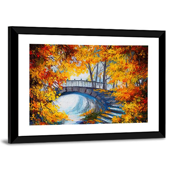 Road And Bridge In Autumn Forest Canvas Wall Art-3 Horizontal-Gallery Wrap-25" x 16"-Tiaracle