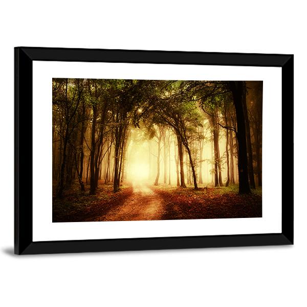 Road Through A Golden Forest At Autumn Canvas Wall Art-5 Horizontal-Gallery Wrap-22" x 12"-Tiaracle