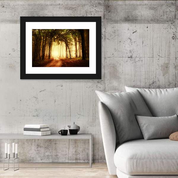 Road Through A Golden Forest At Autumn Canvas Wall Art-5 Horizontal-Gallery Wrap-22" x 12"-Tiaracle