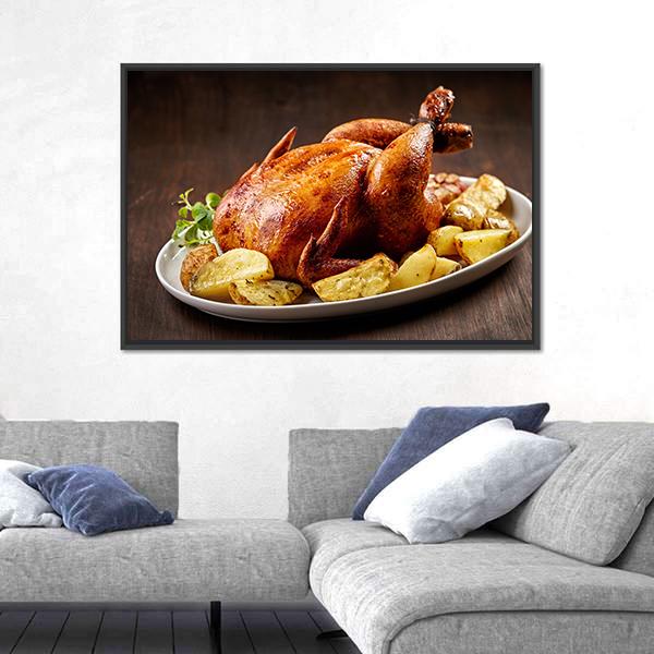 Roasted Chicken And Vegetables On Wooden Table Canvas Wall Art-5 Horizontal-Gallery Wrap-22" x 12"-Tiaracle