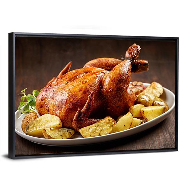 Roasted Chicken And Vegetables On Wooden Table Canvas Wall Art-5 Horizontal-Gallery Wrap-22" x 12"-Tiaracle