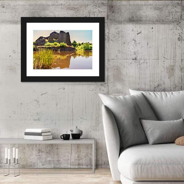 Rock Of Basalt With Reflection On Water Lake Canvas Wall Art-5 Horizontal-Gallery Wrap-22" x 12"-Tiaracle
