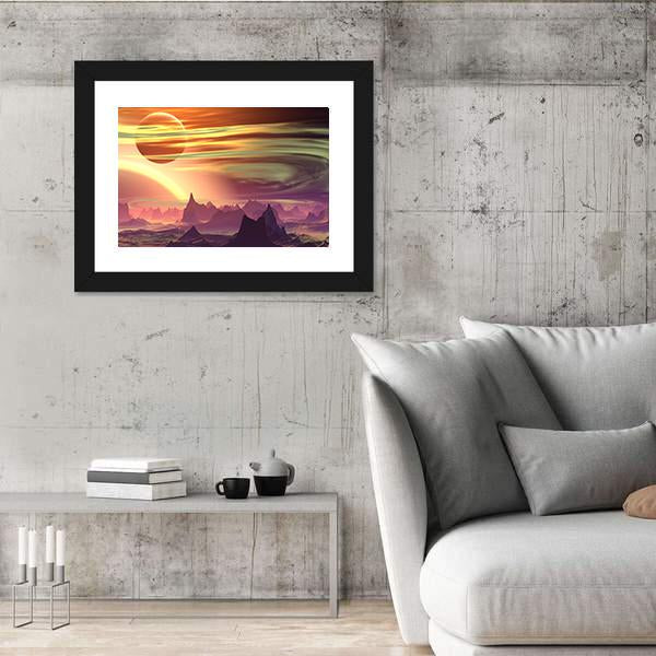 Rocks And Moon On Alien Planet Canvas Wall Art-5 Horizontal-Gallery Wrap-22" x 12"-Tiaracle