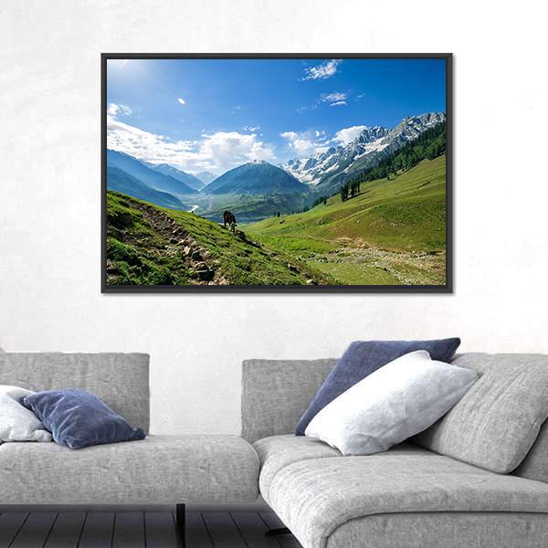Rocky Mountains And Green Field In Jammu And Kashmir Canvas Wall Art-3 Horizontal-Gallery Wrap-25" x 16"-Tiaracle