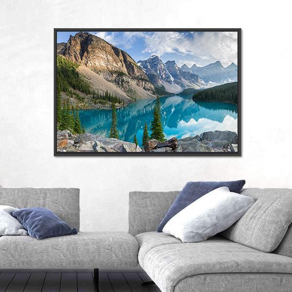 Rocky Mountains With Moraine Lake In Canada Canvas Wall Art-1 Piece-Floating Frame-24" x 16"-Tiaracle