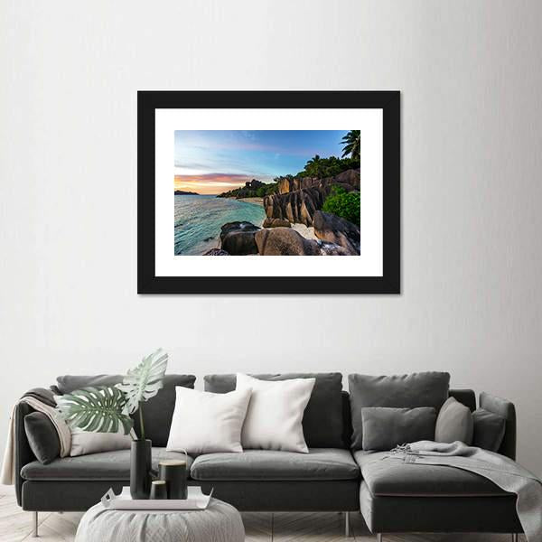 Romantic Sunset On Paradise Beach Canvas Wall Art-1 Piece-Framed Print-42" x 14"-Tiaracle