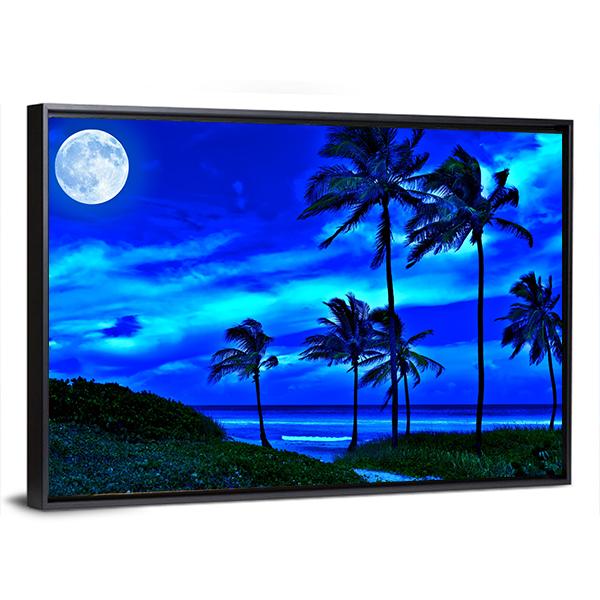 Romantic Tropical Beach At Night With A Bright Full Moon Canvas Wall Art-3 Horizontal-Gallery Wrap-25" x 16"-Tiaracle