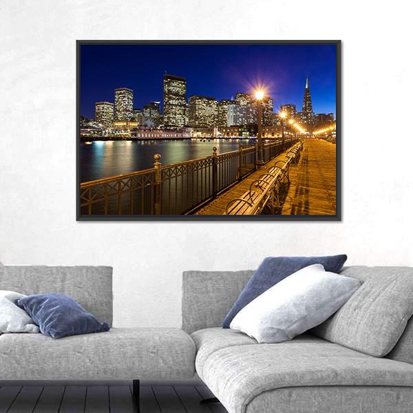 Romantic View Of San Francisco At Night From Pier 7 Canvas Wall Art-3 Horizontal-Gallery Wrap-25" x 16"-Tiaracle