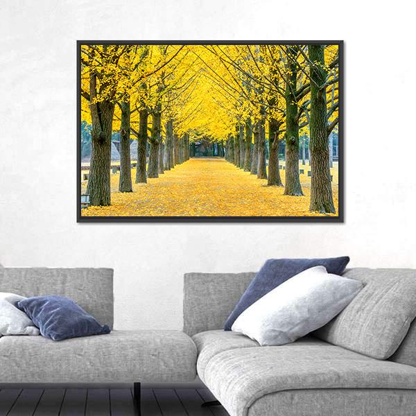 Row Of Yellow Ginkgo Tree In Nami Island Canvas Wall Art-5 Horizontal-Gallery Wrap-22" x 12"-Tiaracle