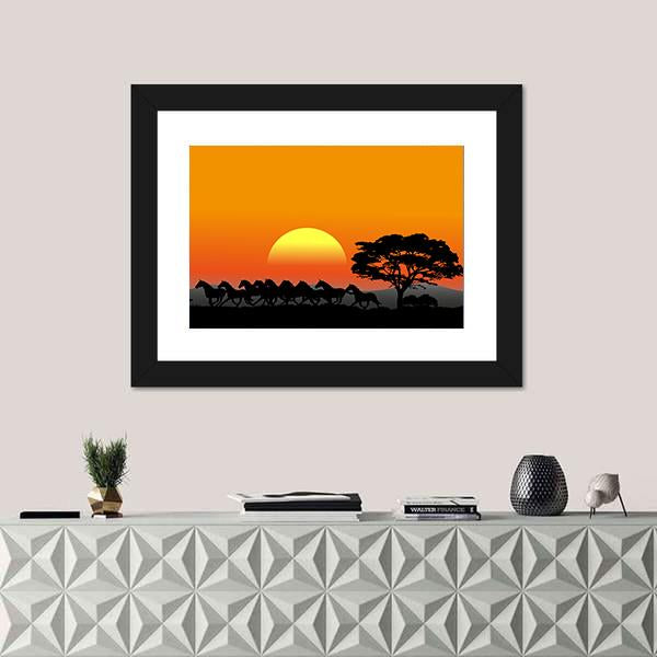 Running Herd At Sunset Canvas Wall Art-1 Piece-Framed Print-20" x 16"-Tiaracle