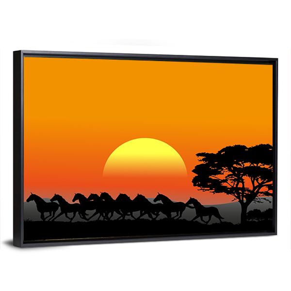 Running Herd At Sunset Canvas Wall Art-3 Horizontal-Gallery Wrap-25" x 16"-Tiaracle