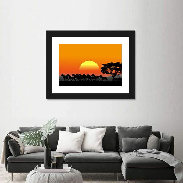 Running Herd At Sunset Canvas Wall Art-3 Horizontal-Gallery Wrap-25" x 16"-Tiaracle