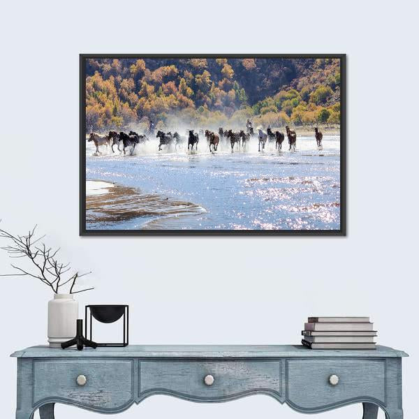 Running Horses In Mongolia Canvas Wall Art-1 Piece-Floating Frame-36" x 24"-Tiaracle