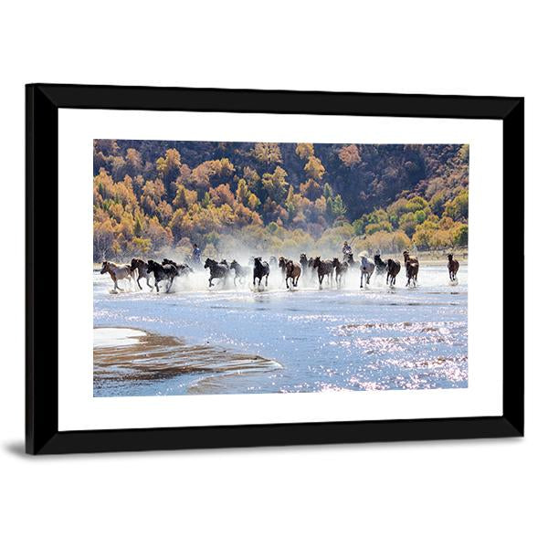 Running Horses In Mongolia Canvas Wall Art-5 Horizontal-Gallery Wrap-22" x 12"-Tiaracle