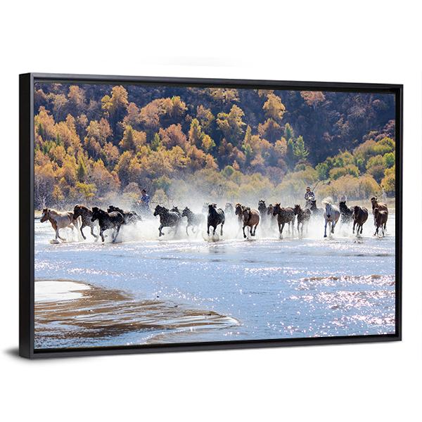 Running Horses In Mongolia Canvas Wall Art-5 Horizontal-Gallery Wrap-22" x 12"-Tiaracle
