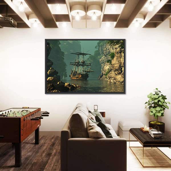 Sailing Ship In Rocks Canvas Wall Art-1 Piece-Floating Frame-24" x 16"-Tiaracle