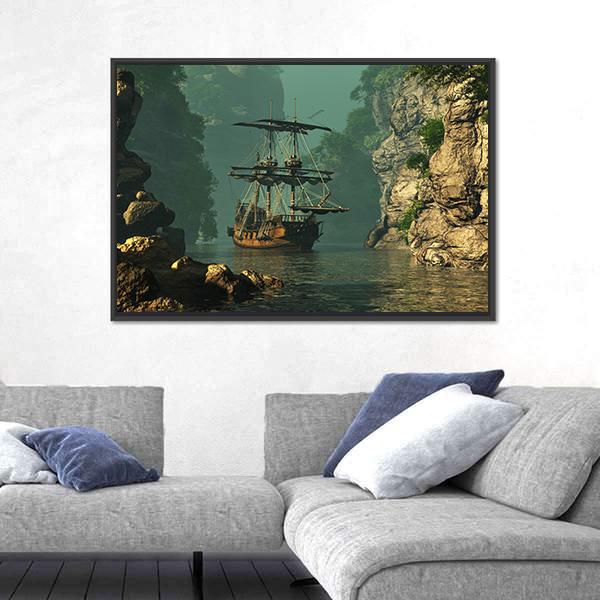 Sailing Ship In Rocks Canvas Wall Art-5 Horizontal-Gallery Wrap-22" x 12"-Tiaracle