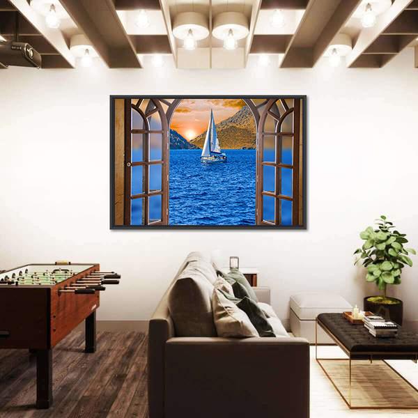 Sailing Ship In The Lake From Window View Canvas Wall Art-3 Horizontal-Gallery Wrap-25" x 16"-Tiaracle